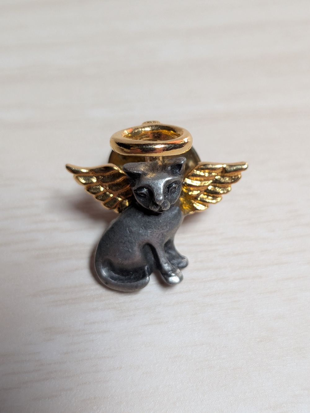 Vintage Camco Angel Cat Lapel Pin Gold Wings Pewter Tone Brooch